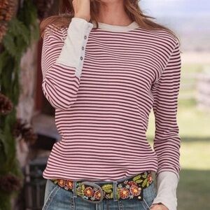 Sundance Red White Stripe Joyful Thermal Tee Long Sleeve Waffle Knit Shirt